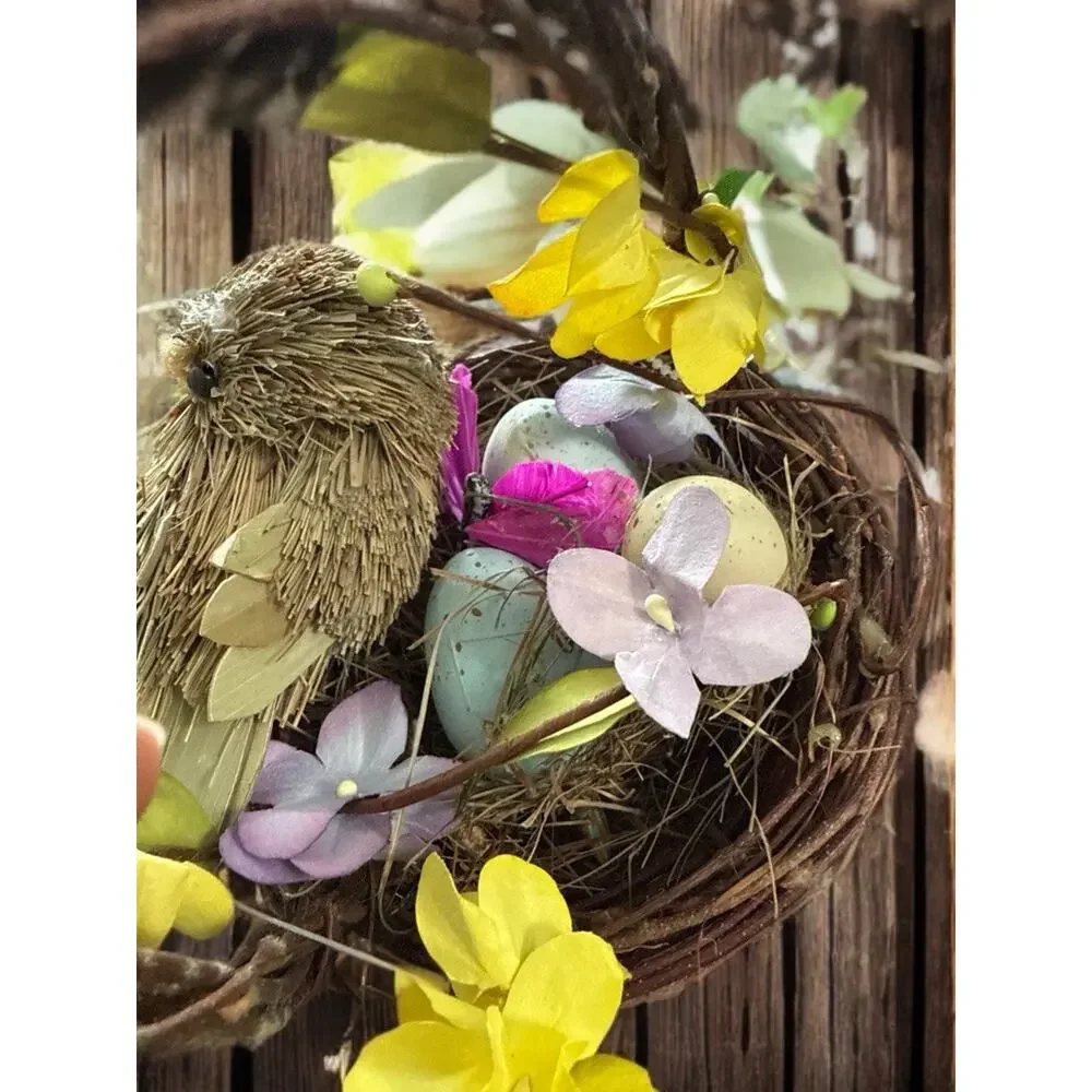 Handmade Wicker Basket with Artificial Flowers, Bird, Eggs - Spring Easter 5x4”